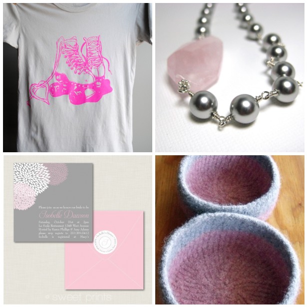 pink, gray, grey, etsy, handmade, felt, bowl, necklace, jewelry, shirt, screen print, paper, invitation